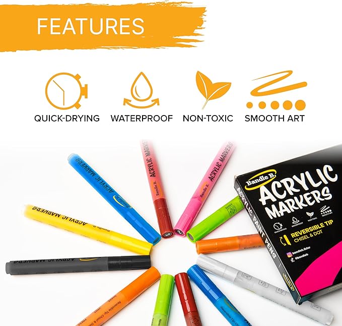 Bandle B. Acrylic Paint Markers – Set of 8 Paint Pens for Art, Fabric, Coloring, and Journaling–Quick-Drying, Waterproof, Non-Toxic, Reversible Chisel-Dot Tip