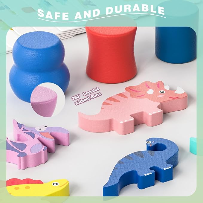 Montessori Dinosaur Toys for 1 2 3 4 Year Old Toddlers, Preschool Education Toys for Ages 2-4 Boys Girls Kids, Wooden Dinosaur Blocks Sorting & Stacking & Balance Toy, Educational Birthday Gift - Image 4