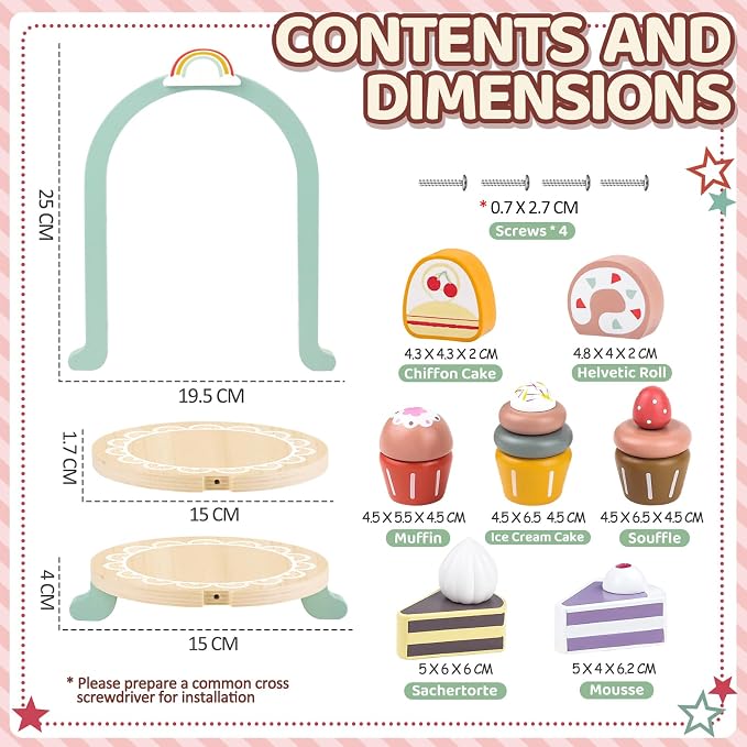 Wooden Cake Toys Tea Party Set Desserts Food Toy with Cupcake Stand - Image 6