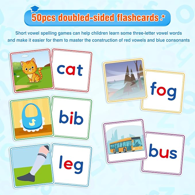 Learning Toys for 3 4 5 Years Old Kids - 116Pcs Short Vowel Letters Sorting Spelling Reading Toy Set with Double-Sided Flash Cards, Preschool Kindergarten Learning Activities Toy for Boys Girls - Image 5