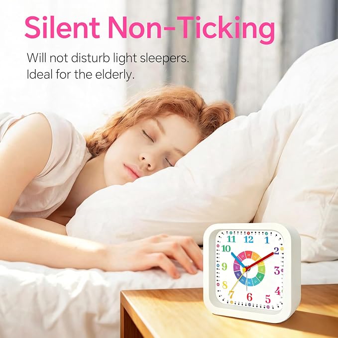 Modern Silent Analog Battery Operated Alarm Clock, 4.5" Loud Alarm Clock for Heavy Sleepers with Unique Dial & Numbers, Plastic Desk Learning Clock for Kids Bedroom Classroom Dorms, White - Image 2