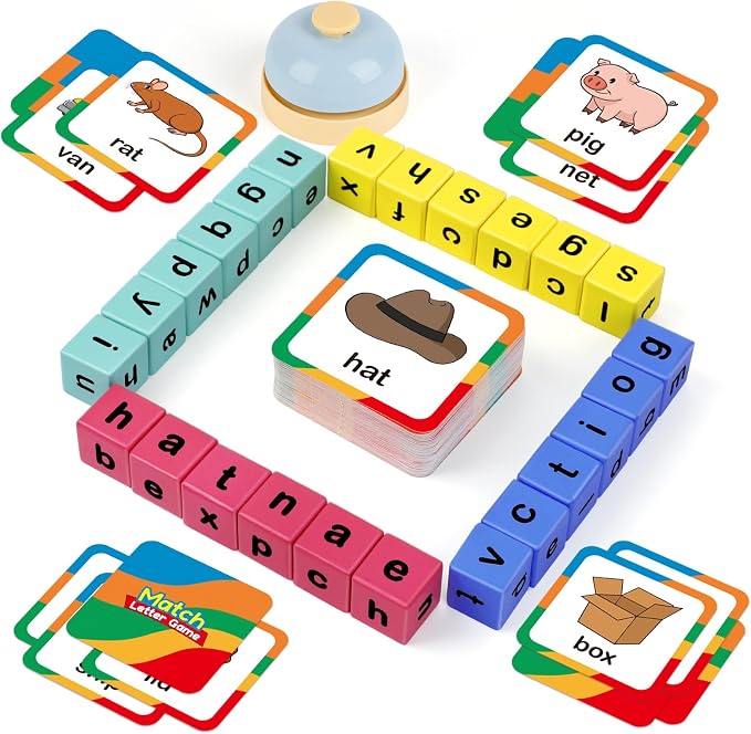 Edulok Word Race Cube - Preschool Wooden Alphabet Letter Blocks & Phonics Matching Games - CVC Word Learning Toys by Edulok