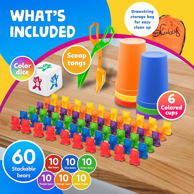 Skoolzy Rainbow Stacking Bears & Sorting Cups, 69 Pc Set, Storage Bag - Image 7