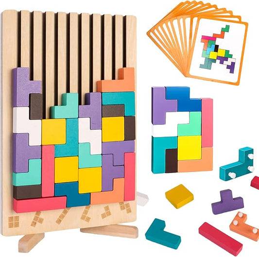 Wooden Stacking Puzzle Toy,Montessori Brain Blocks,Russian Blocks Puzzle,Brain Teasers Game with 10 Cards,Home Decor,Montessori Toys for 3 Year Old Boys&Girls