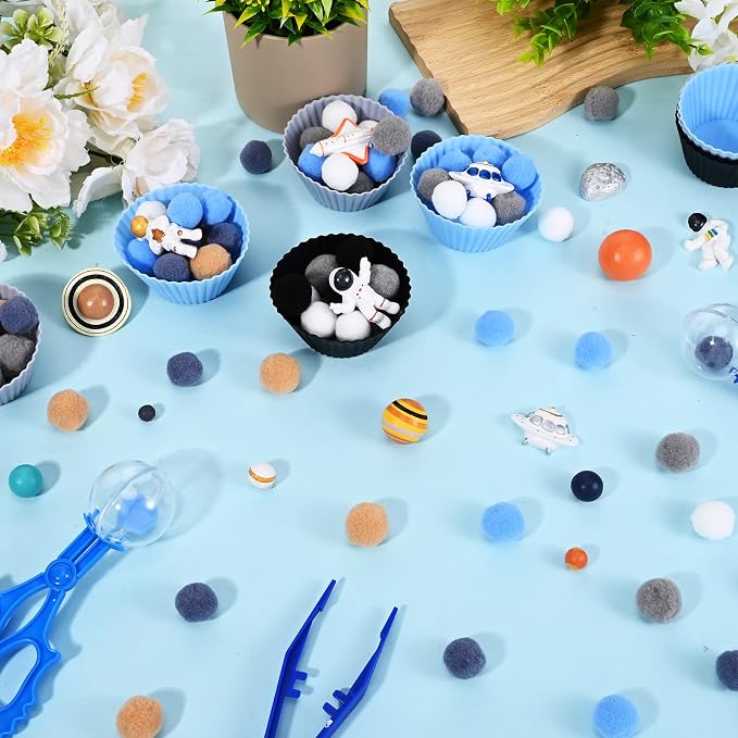 Sanixn 152 Pcs Space Sensory Bin Fillers Outer Space Fine Motor Skills Astronauts Sensory Bin Item Pompoms Cups Tweezers Scissor Clips for Preschool Education Activities Sorting Counting(Space) - Image 6