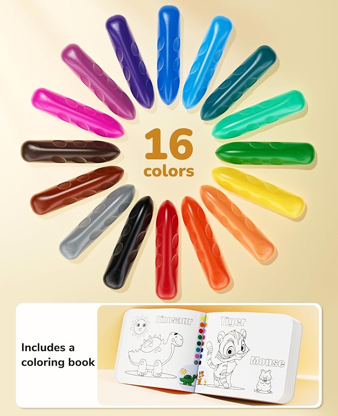 JoyCat 16 Colors Jumbo Crayons for Toddlers 1-3 4 5 6 year old Kid,Easy-Grip,Unbreakable,Non-Toxic,Washable,big,Triangular toddler Crayons with Coloring Activity Paper,Ideal for Kids with Art Supplies