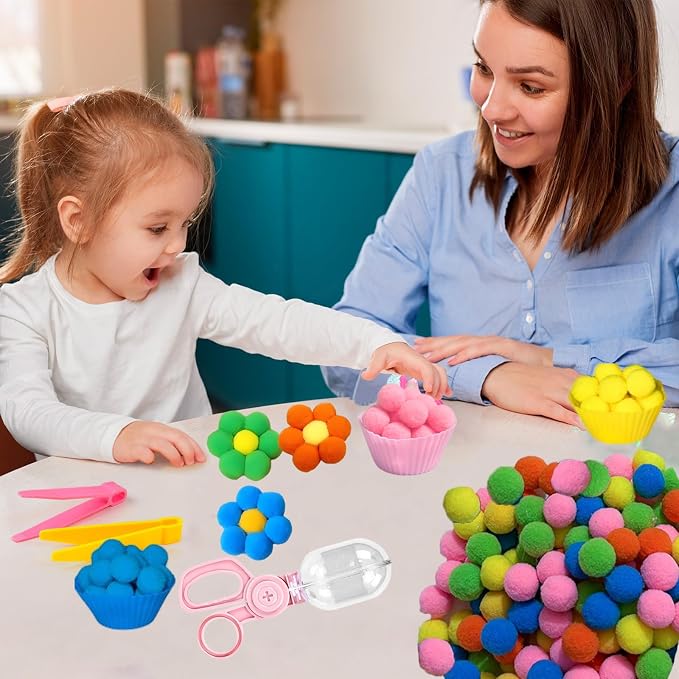 218Pcs Montessori Fine Motor Toys for Toddlers, Pom Poms Sorting Set with Tweezers, Clips, Cups & Storage Box, Sensory Bin for Preschool Learning, Counting, Color Matching - Image 3