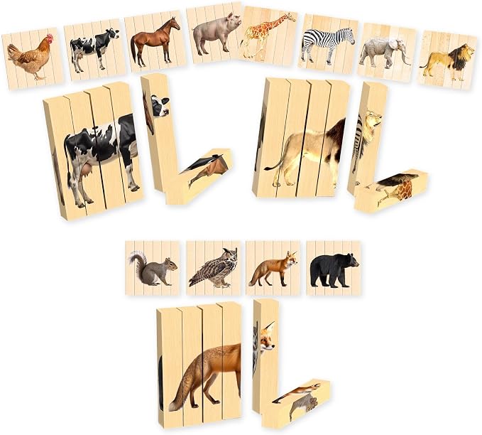 Wooden Animal Chunky Puzzles for Toddlers 2+ Years - Montessori 4 in 1 Complete Animal Collection - Farm, Safari & Woodland Block Puzzle Jumbo Set by MontessoriMe
