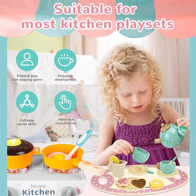 Wooden Tea Set for Little Girls Play Food Pretend Play for 3 4 5 Years Old - Image 4