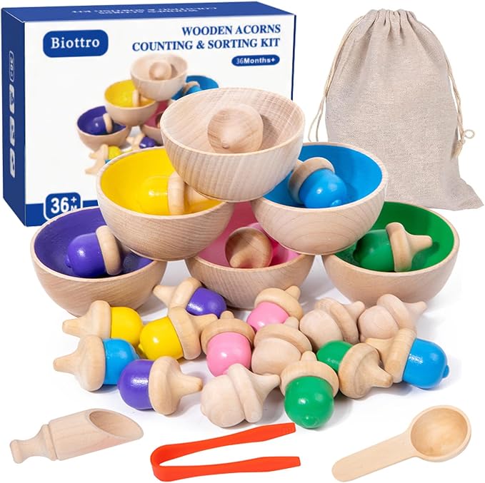 Wooden Color Sorting Toys for Toddlers - Montessori Counting Game with 6 Bowls & 20 Weighted Acorns - DIY Unpainted Pieces - Premium Educational Set with Tweezers, Spoon, Scoop & Bag - Kids 3+ by Biottro