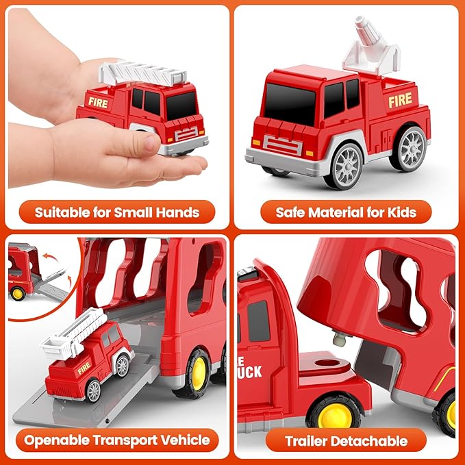 Toddlers Fire Truck for Kids 3-9 Year Old，5 in 1 Friction Power Vehicle Car for 3 4 5 6 7 Years Old Boys Girls，Carrier Truck Transport Toys for Christmas and Birthday Gifts