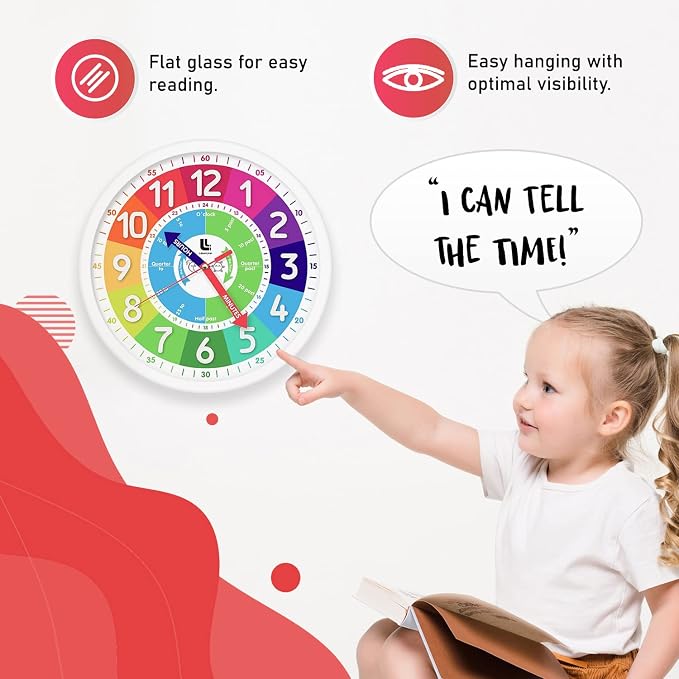 3D Kids Colorful Learning Wall Clock - Easy to Read - Telling Time Teaching Clock for Kids - Classroom Bedroom Wall Decor - Silent Analog Kids Clock for Homeschool, Playrooms, Nursery (12 inch) - Image 5