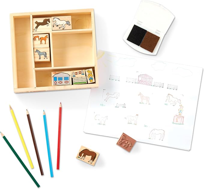 Melissa & Doug Wooden Stamp Activity Set: Horse Stable - 10 Stamps, 5 Colored Pencils, 2-Color Stamp Pad - Image 4