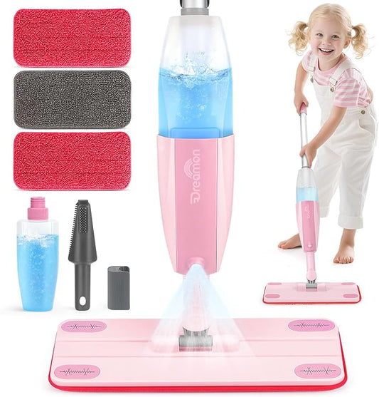 Dreamon Kids Spray Mop - Real Working Toddler Cleaning Set with Water Sprayer & 3 Washable Mop Pads & Scraper, Pretend Play Montessori Housekeeping Toys Gifts for Toddlers Kids Girls Boys(Pink)