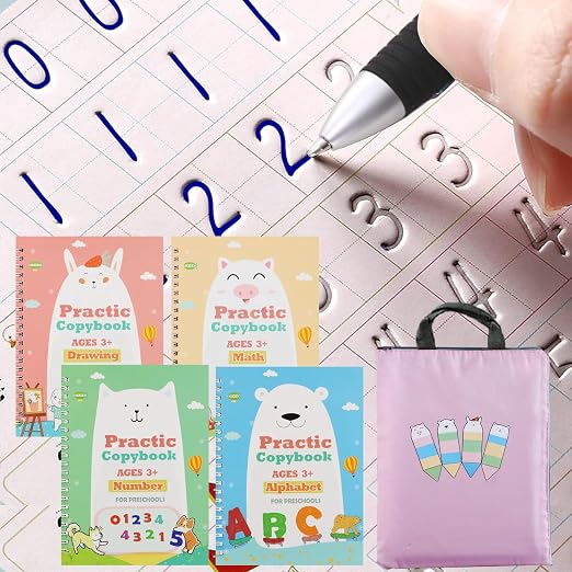 Upgraded Large Size Magic Practice Copybook for Kids, Reusable Writing Practice Book, Preschool Copybook (4 Books with Pens) - Pink Bag by ESAUYB
