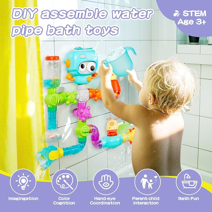 STEM Building Bath Toys for Kids Ages 3-8 | DIY Water Pipe Assembly Kit with Suction Cups | Educational Bathtub Toys for Toddlers 3+ | Creative Tub Time Birthday Gifts for Boys & Girls - Image 2