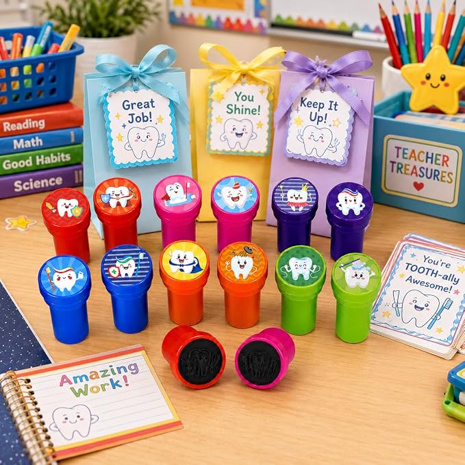 Cinrobiye 24 Pcs Teeth Stampers Party Favor Set, Cute Dental Health Stamps for Kids Birthday Party, Classroom Rewards, Educational Learning Toys, Goody Bag Fillers, Dental Care Party Supplies - Image 6
