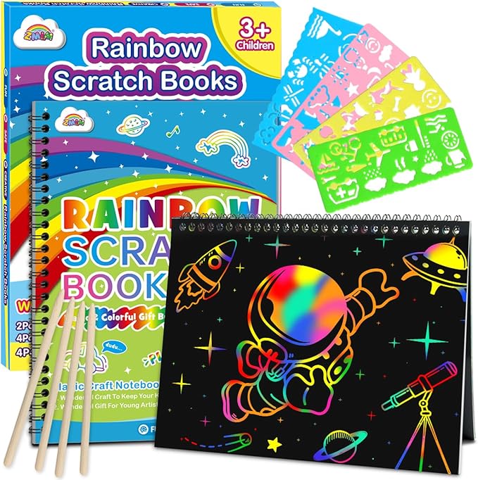 ZMLM Scratch Paper Art-Crafts Gift: 2 Pack Rainbow Notebooks Supplies Toys Easter Basket Stuffers for 3 4 5 6 7 8 9 10 Years Old Girls and Boys Kids Birthday Party Games (Blue)