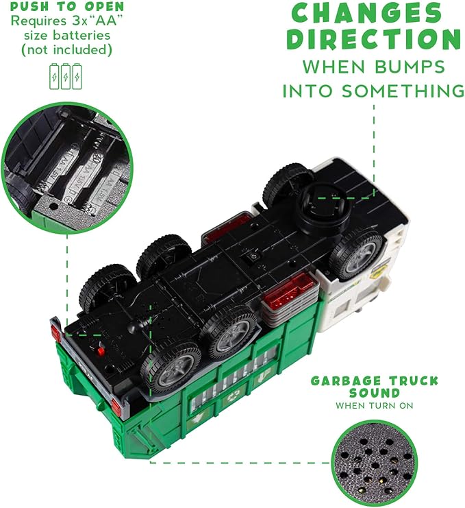 Zetz Brands Toy Garbage Truck with 4D Lights & Sounds for Boys, Toddlers, Kids 3+ - Trash Trucks Vehicle, Push Toy Car, Bump & Go w/Recycle and Sanitation Sticker – Ideal Birthday