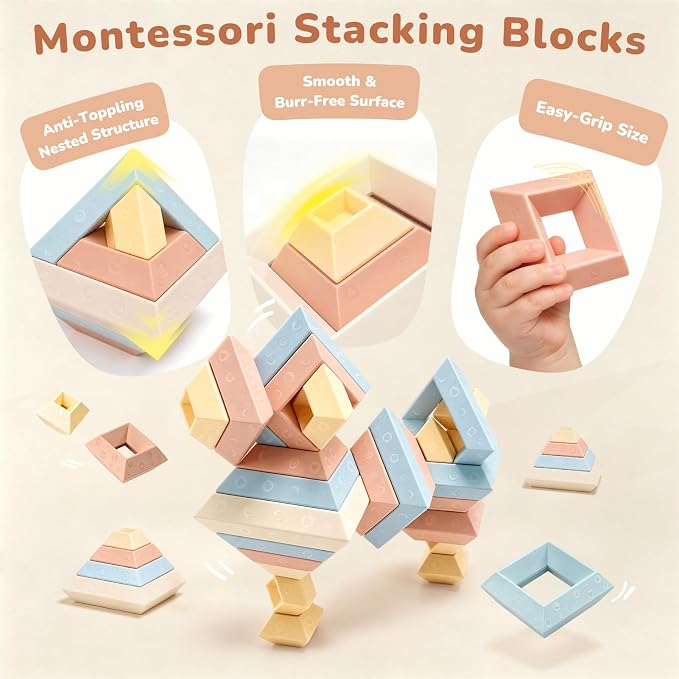 Joyreal Montessori Stacking Blocks for Toddlers 1-3，30PCS Nesting & Building Toys with Storage Bag,Educational Fine Motor Learning Toy, Preschool STEM Stacking Blocks for Boys Girls 12M+ - Image 4