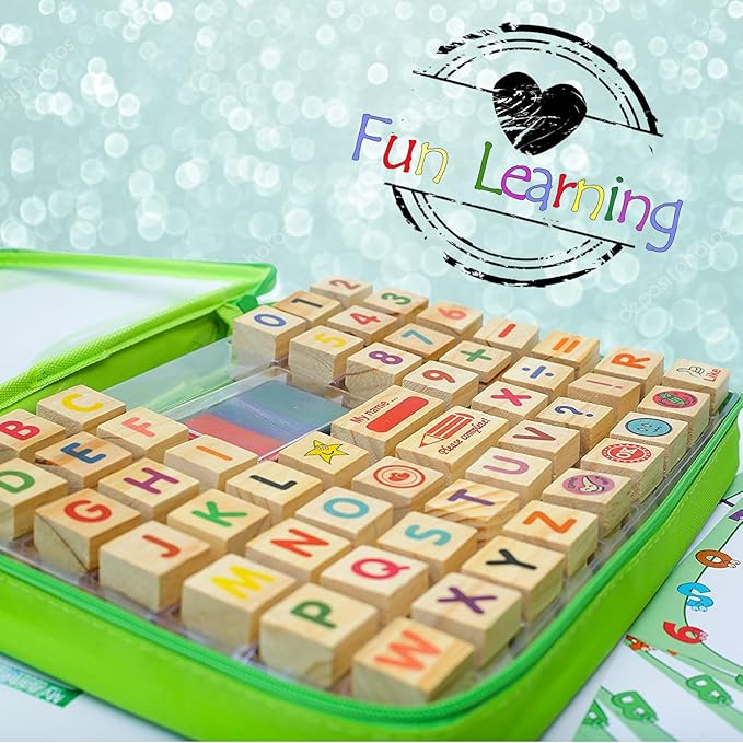 Wooden Large Stamp Premium Set for Kids. 72 Pcs Alphabet Stamps. Letters, Numbers, 3-Color Washable Ink Pad, 3 Refill Bottles, Activity Book. Ideal Creativity Kit