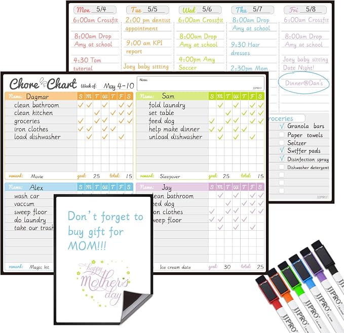 JJPRO Magnetic Dry Erase Chore Chart and Weekly Calendar Set for Fridge-Chore Chart for Multiple Kids,Weekly Planner Board,Family Chore Board for Multiple Kids&Adults,Bonus to-do Whiteboard by JJPRO