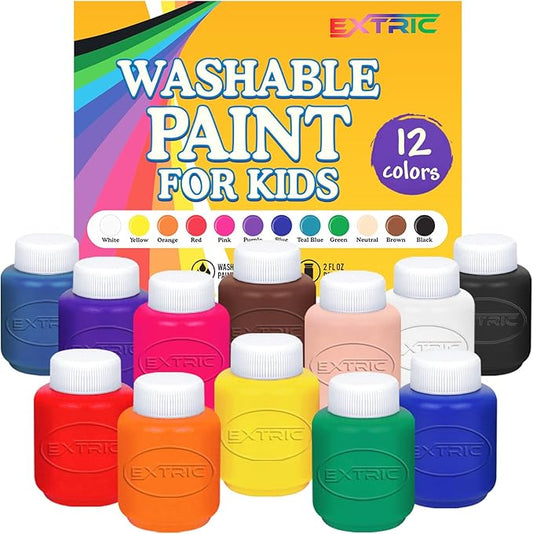 EXTRIC Washable Paint for Kids 12 Color, Non-Toxic Tempera Kids Paint 2 oz Bottles, Vibrant Pigments, Easy-Clean Toddler Paints, Kid Painting Set Arts and Crafts Supplies