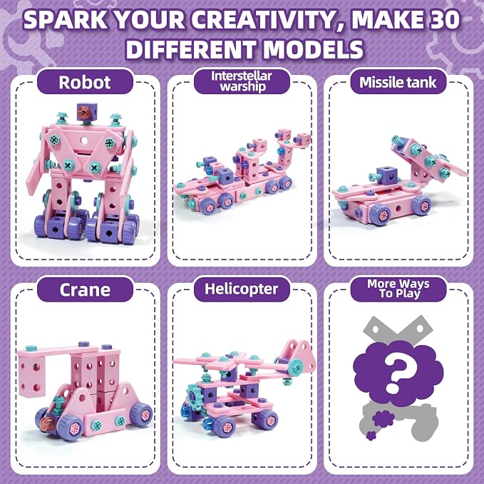 VEAIS Pink Kids Tool Set for Girls,Tool Set with Drill &Toolbox,STEM Montessori Toys for 3 4 5 Year Old,Pretend Play Kid Toy,Educational Construction Toy for 3-6 Year Old Girl,Birthday Gift for Kids - Image 8