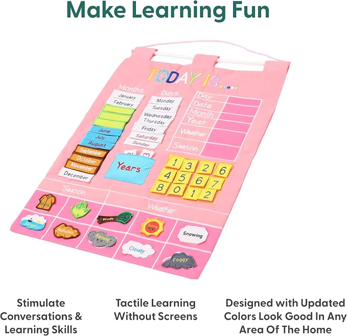 The Peanutshell Learning Calendar Wall Chart - Homeschool Supplies, Interactive Pocket Chart for Toddlers & Kids - Preschool Learning Activity Board, Circle Time Board for Classroom - Pink Today is - Image 5