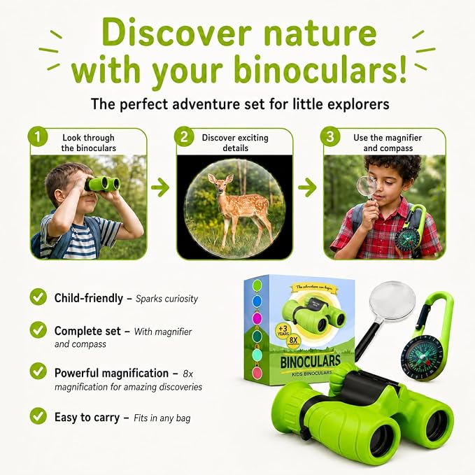 Binoculars for Kids – Perfect Toy for Little Boys and Girls – Extensive Set Incl. Magnifying Glass & Compass – Powerful Magnification 8X21 – 3 to 12 Year Old Kids for Toddler - Image 5