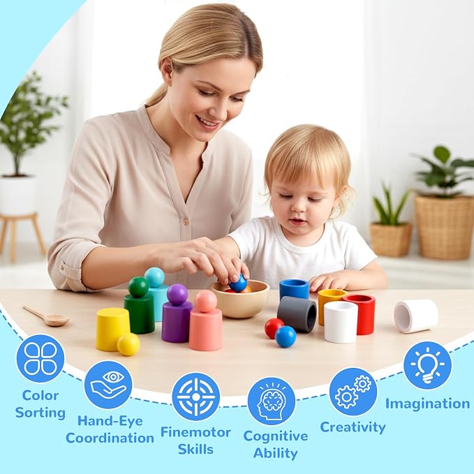 Color Sorting Toys, Wooden Montessori Rainbow Matching Game for Kids 3+ - Image 4