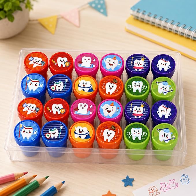Cinrobiye 24 Pcs Teeth Stampers Party Favor Set, Cute Dental Health Stamps for Kids Birthday Party, Classroom Rewards, Educational Learning Toys, Goody Bag Fillers, Dental Care Party Supplies - Image 3