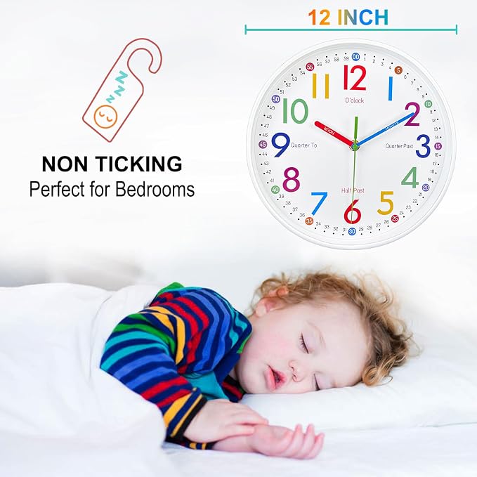Wall Clock for Kids Learning to Teaching Time Wall Clocks Battery Operated Silent Non Ticking - Analog Colorful Clock Decorative for Kids Room,Classroom,School,nursery school,playroom(12 Inch) - Image 3