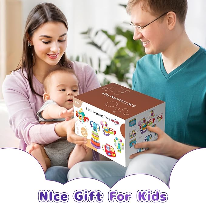 5 in 1 Baby Toy for 9 12 18 Month, Learning Toys for Babies 6-12 Months, Baby Busy Cube, Stacking&Sensory, Pull String&Piano Xylophone Toy, Birthday Gift for 7 8 9 Month