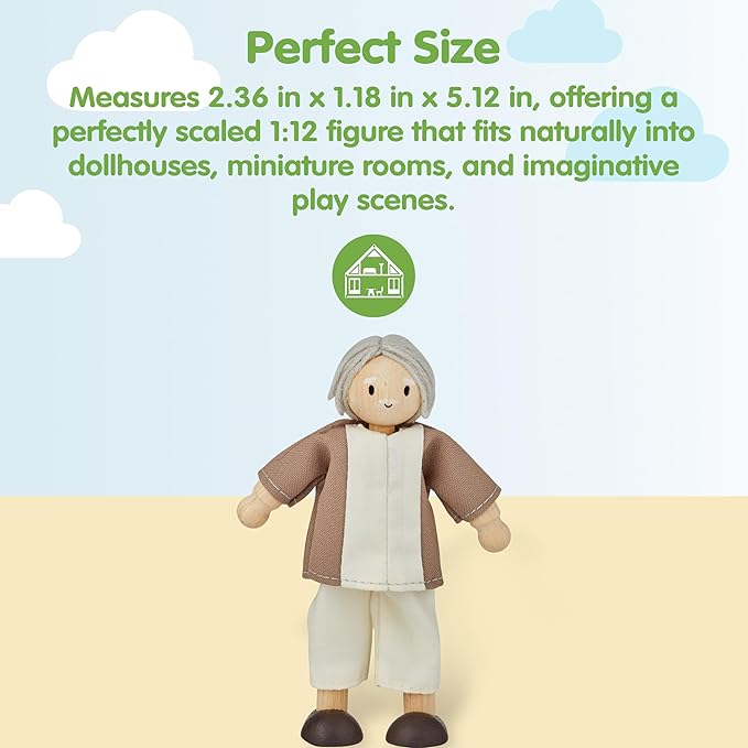 PlanToys® Grandfather Dollhouse Figure - Fair Skin Tone | Poseable 1:12 Scale Dollhouse People | Montessori Pretend Play Doll with Bendable Arms & Legs | Eco-Friendly Wooden Figurine for Kids