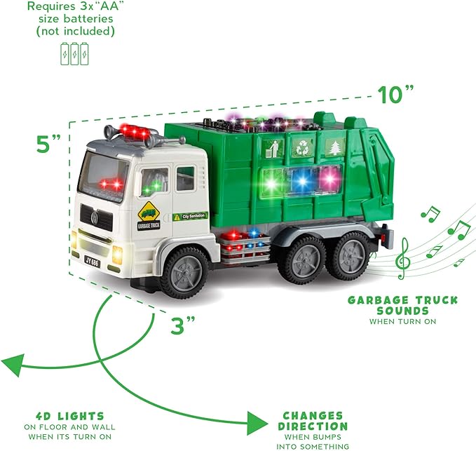 Zetz Brands Toy Garbage Truck with 4D Lights & Sounds for Boys, Toddlers, Kids 3+ - Trash Trucks Vehicle, Push Toy Car, Bump & Go w/Recycle and Sanitation Sticker – Ideal Birthday