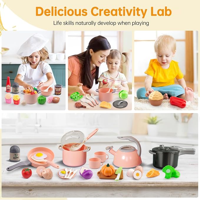 100Pcs Kitchen Playset, Kids Pretend Cooking Play Pots, Pans, Utensils, Cookware, Toy Food Fruits Veggies, with 2 Large Apple - Shaped Storage, Toddler Cooking Learning Gift(Pink) - Image 7