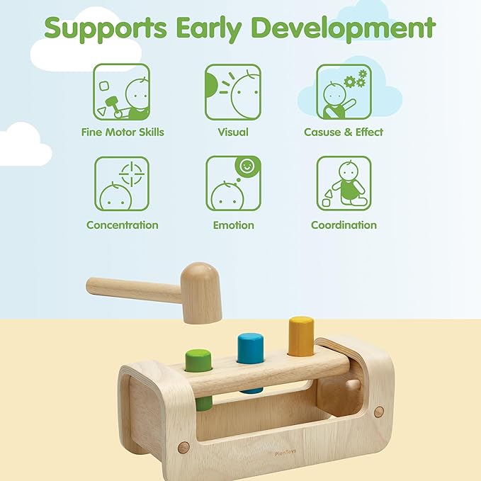 PlanToys® Pounding Bench Wooden Hammer Toy for Kids Ages 3+ | Montessori Fine Motor & Hand-Eye Coordination Activity for Focus & Strength | Eco-Friendly Educational Toy