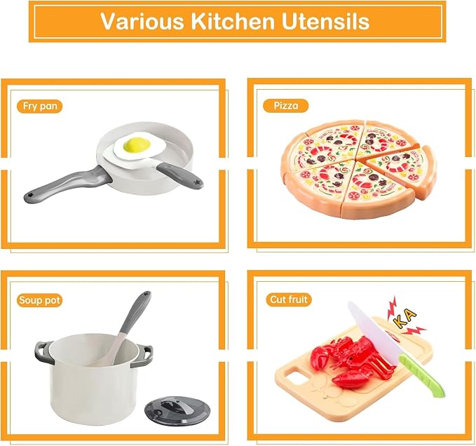 80Pcs Kitchen Playset, Toddler Pretend Cooking with Pots, Pans, Cookware, Food, Picnic Blanket, Fruits, Veges, Shopping Storage Basket, Dessert , Learning Gift for Girls Boys (White) - Image 5