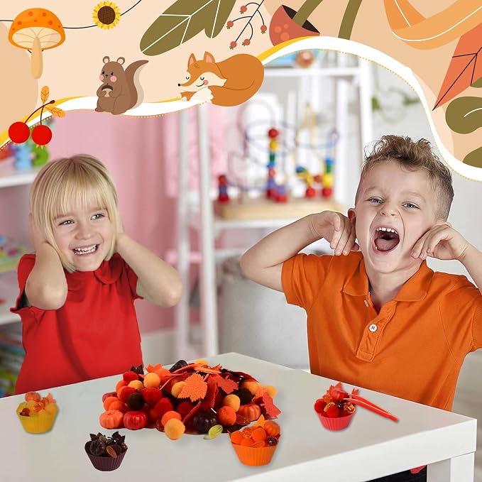 212Pcs Fall Sensory Bin Filler Fine Motor Toys Thanksgiving Sensory Bin Items Counting Sorting Toy 100 Pompoms 60 Felt Leaves 16 Acorns 16 Corns 6 Foam Pumkins for Preschool Education Activities - Image 4