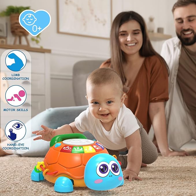 Baby Toys 6 to 12 Months,Infant Musical Turtle Crawling Toy with Phone Hand Drum, Baby Toy 7 8 9 10 18 Months 1-2 Year Old Girl Boy Gift (Blue)