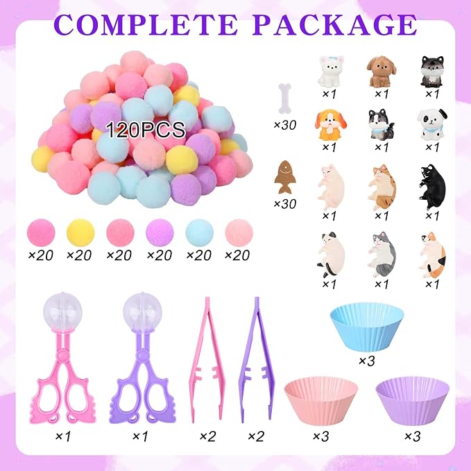 Sanixn 207 Pcs Pet Sensory Bin Fillers Dog and Cat Fine Motor Skills Pet Sensory Bin Item Pompoms Cups Tweezers Scissor Clips for Sorting Counting Fun Activities(Pet) - Image 2