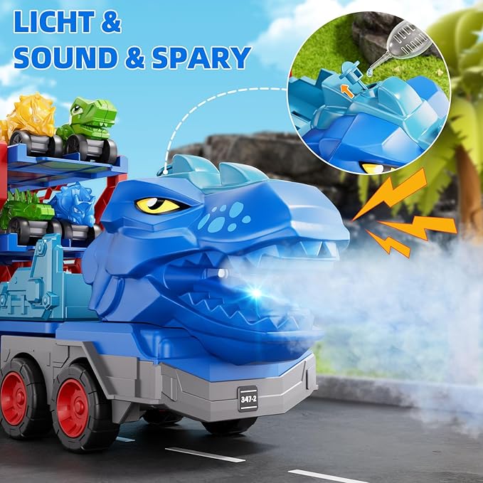 10 in 1 Dinosaur Truck Toys for Kids Toddlers Boys 3-5 4-8, Dino Carrier Truck with Foldable Track, Spray, Light & Sounds and 9 Dino Cars, Birthday Gifts for Kids Boys Girls 3 4 5 6 7 8 Year Old