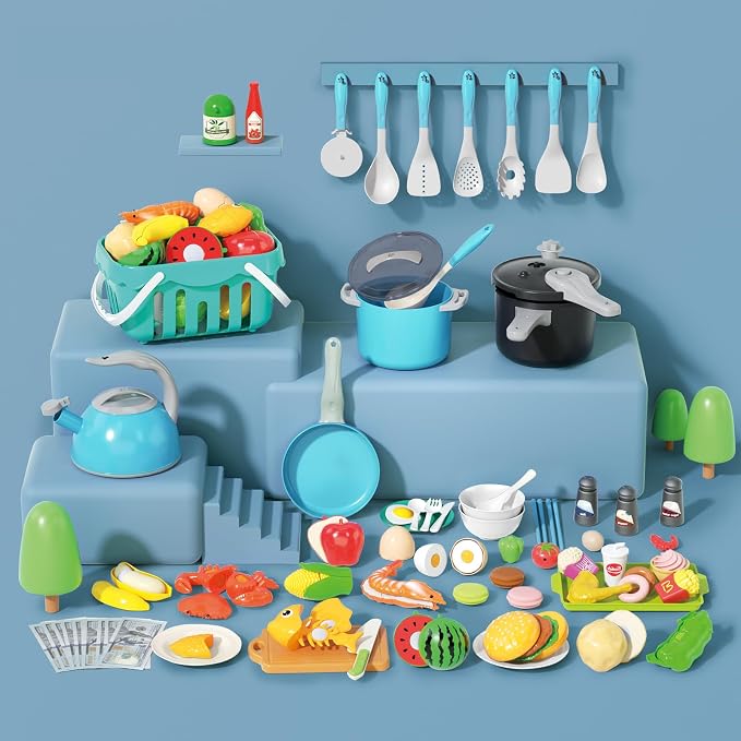 130Pcs Kitchen Playset, Toddler Pretend Cooking Play Pots, Pans, Utensils Cookware, Daily Food Fruit Veges, Shopping Storage Basket, Dessert, Prop Money, Learning Gift for Child (Turquoise) - Image 3