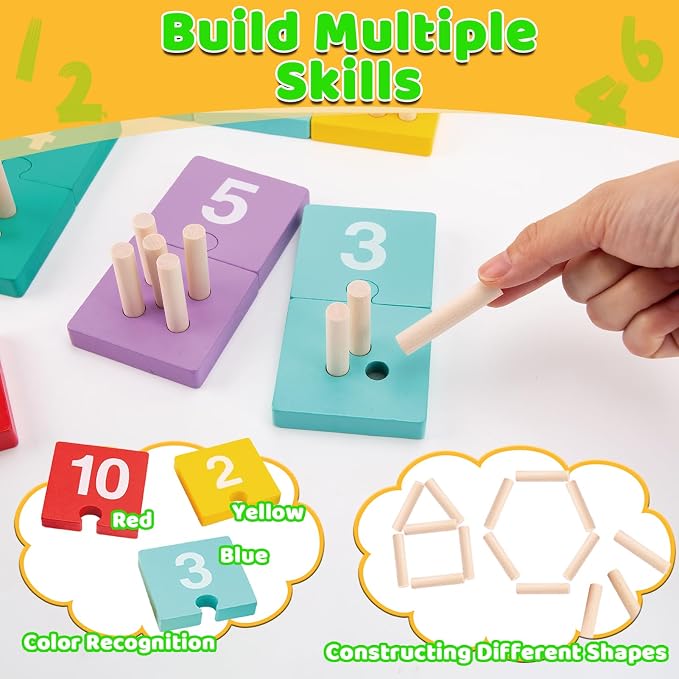 TEUVO Counting Pegs Board Montessori Toys for Kids Aged 3 4 5 6 Years Old, Wooden Early Math and Number Digital Plunger Manipulatives Materials Game for Toddlers Home Kindergarten Daycare Classroom - Image 3