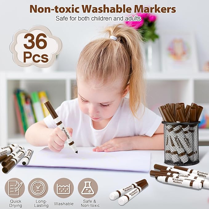 Janlaugh 36 Pcs Dark Brown Washable Markers Bulk Coloring Broad Line Markers for Kids Conical Tip Drawing Pen for Christmas, School, Travel Art Baby Shower Gender Reveal Party Supplies, Ages 6+
