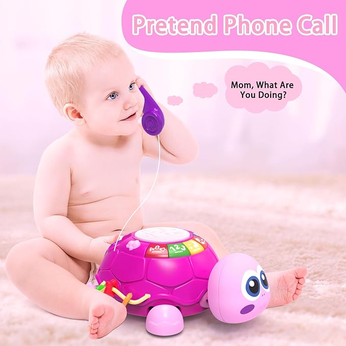 Musical Turtle Baby Toys 6 to 12 Month,Infant Light-up Musical Tummy Time Toy with Phone,Baby Crawling Toys for 7 8 9 12 Months Old,Easter Birthday Girl Gift for 3 4 5 Month+(Pink)
