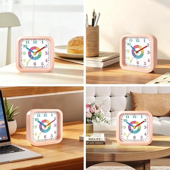 Modern Silent Learning Alarm Clock for Kids, 4.5" Loud Battery Operated Alarm Clock for Heavy Sleepers with Unique Dial & Numbers, Plastic Desk Clock for Kids Bedroom Classroom Dorms, Pink - Image 8