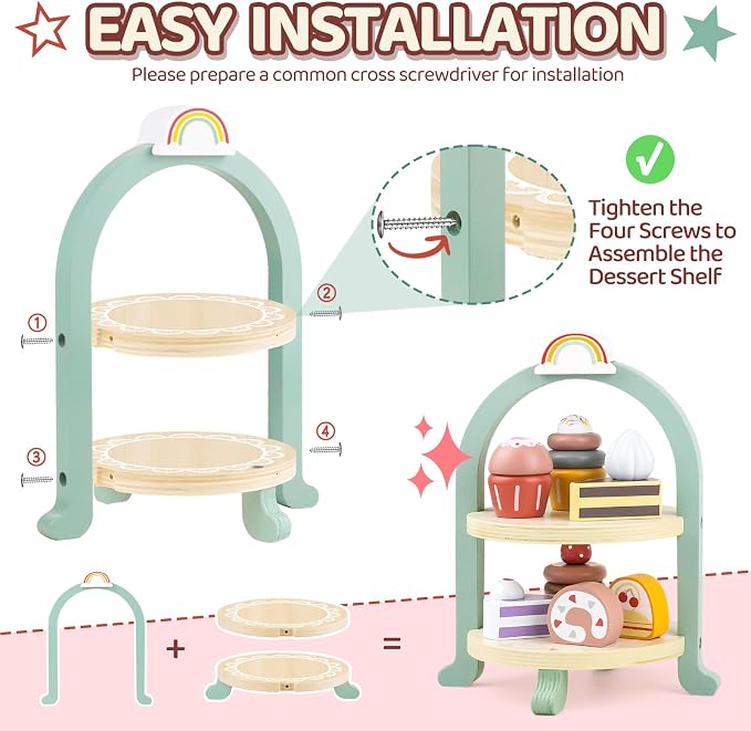 Wooden Cake Toys Tea Party Set Desserts Food Toy with Cupcake Stand - Image 7