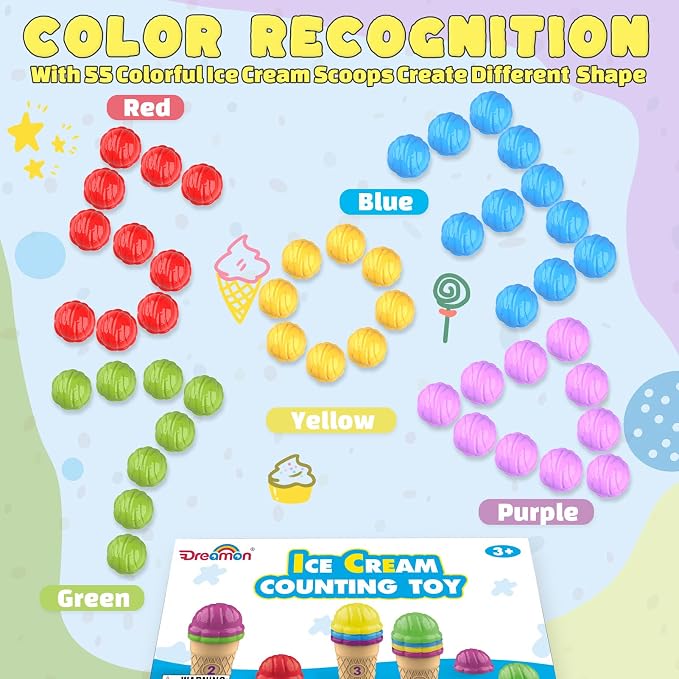 Ice Cream Color Sorting Toys for Toddlers, Montessori Counting Pretend Play Toys - 76 Pieces, Early Math Manipulatives Learning Toys with 10 Educational Number Cards for Preschool Kids (Number) - Image 5